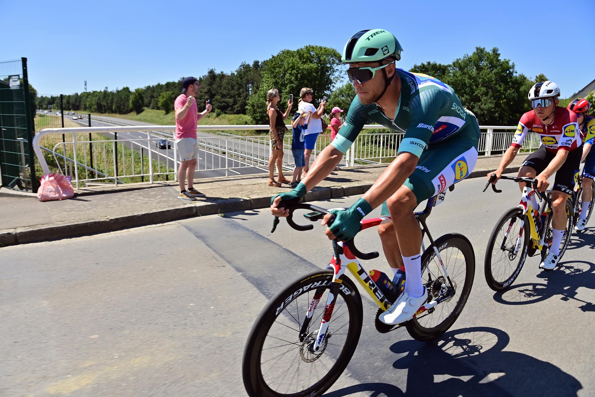 Italian Jonathan Milan of Lidl-Trek pictured in action during stage eight of the 2025 Tour de France cycling, from Saint-Meen-le-Grand to Laval Espace Mayenne (174 km), on Saturday 12 July 2025 in France. The 112th edition of the Tour de France starts on Saturday 5 July in Lille, France, and will finish in Paris, France on the 27th of July. BELGA PHOTO POOL POOL PETE GODING
