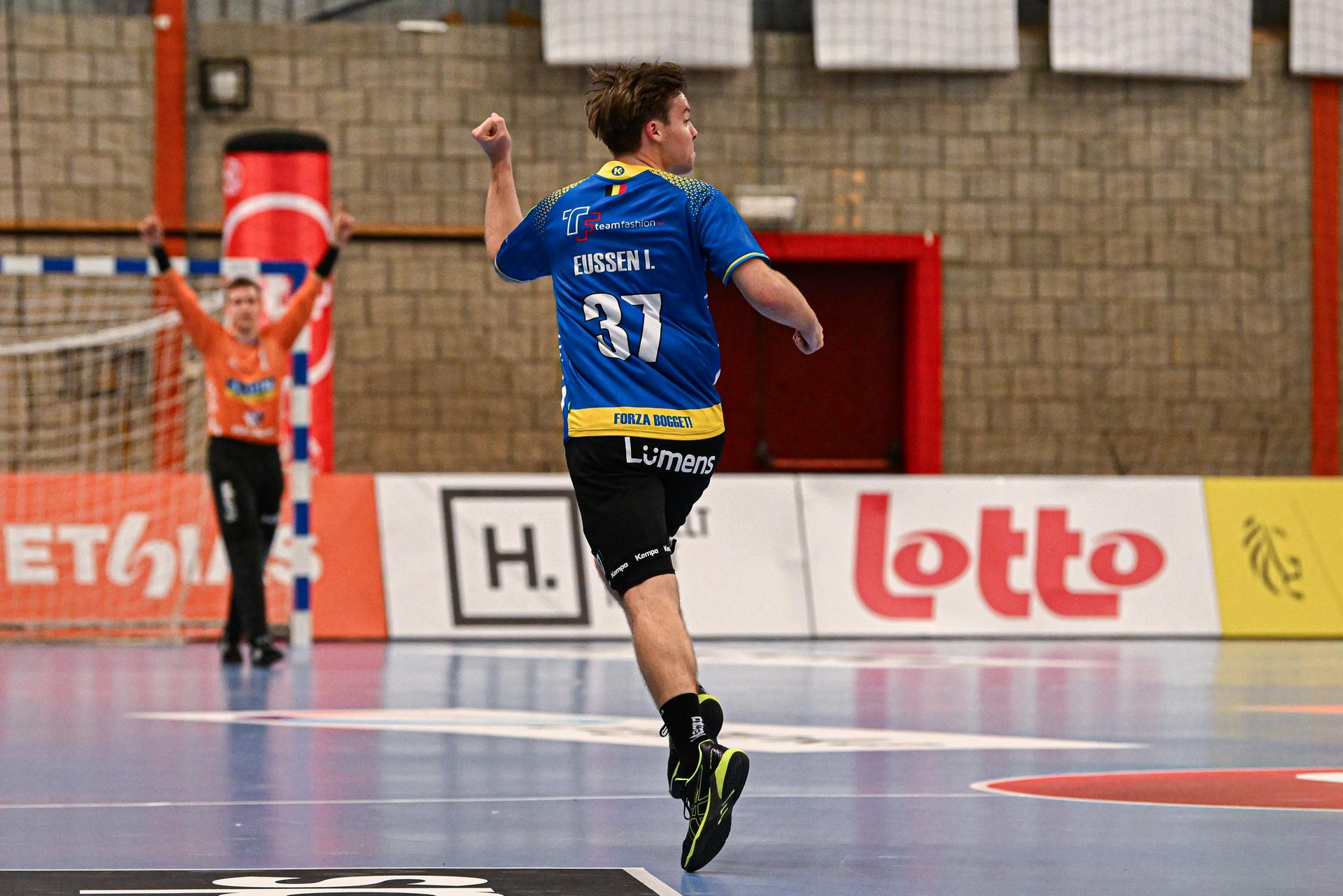 Bocholt's Idis Eussen celebrates during a handball game between Achilles Bocholt and HUBO Handbal, Saturday 04 April 2026, in Hasselt, the men's final of the Belgian handball cup. BELGA PHOTO JILL DELSAUX