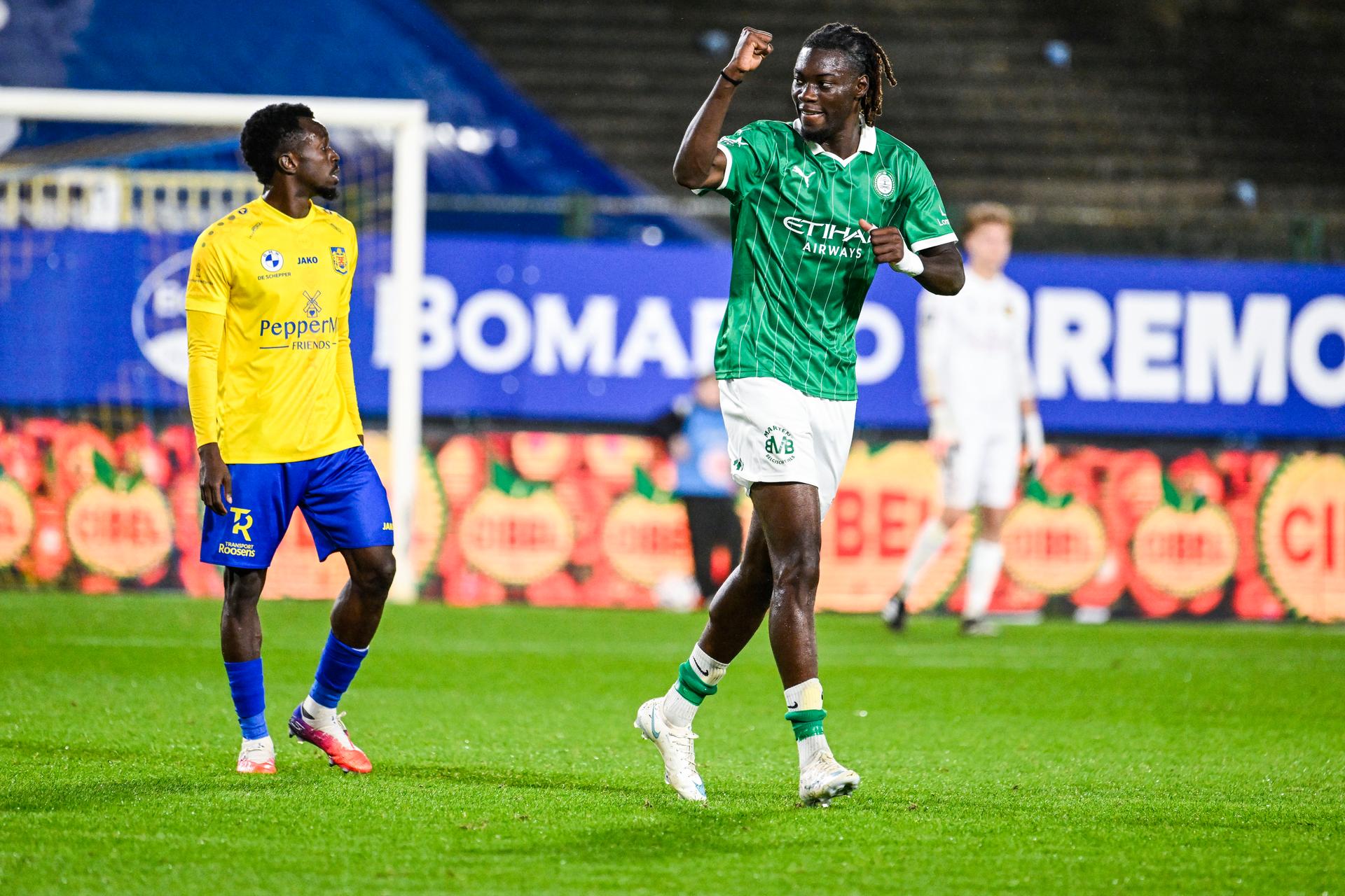 Lommel's Don-Angelo Konadu celebrates after scoring during a soccer match between SK Beveren and Lommel SK, Friday 9 October 2026 in Beveren, on day 8 of the 2026-2027 'Jupiler Pro League' first division of the Belgian championship. BELGA PHOTO TOM GOYVAERTS