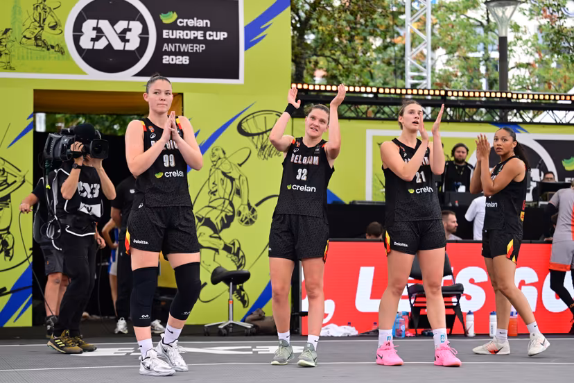 Belgium's Ine Joris; Belgium's Heleen Nauwelaers; Belgium's Axelle Van Eupen and Belgium's Sarah Dossou pictured after a 3x3 basketball game between Spain and Belgium, a quarter-finals game the women's FIBA 3x3 Europe Cup, on Sunday 13 September 2026 in Antwerp. BELGA PHOTO DIRK WAEM