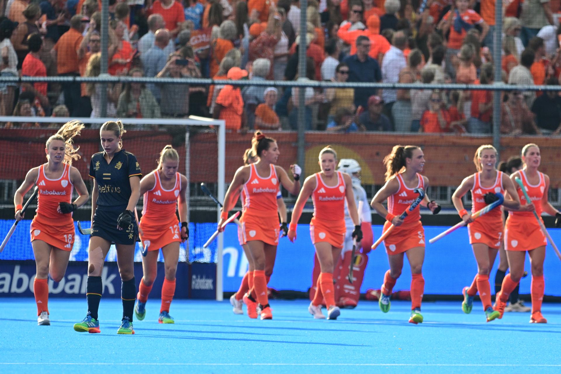 Netherlands' players pictured during a field hockey game between Belgian national team Red Panthers and Netherlands, at the women's 2026 Hockey World Cup, on Thursday 27 August 2026 in Amsterdam. The 2026 edition of the Hockey World Cup takes place in Belgium and The Netherlands from August 15 to August 30. BELGA PHOTO DIRK WAEM