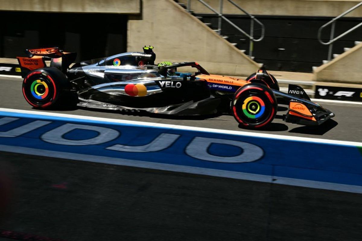 McLaren's British driver Lando Norris takes part in the first practice session ahead of the Formula One British Grand Prix at the Silverstone motor racing circuit in Silverstone, central England, on July 4, 2025. Andrej ISAKOVIC / AFP