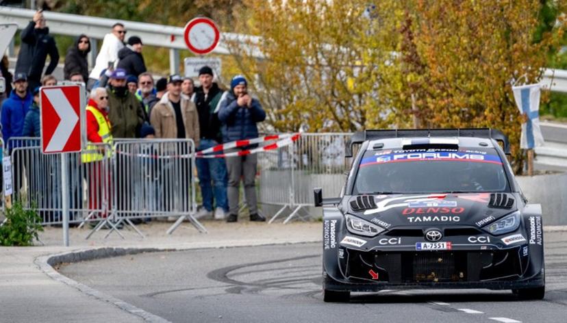 Finnish driver Kalle Rovanpera and co-driver Jonne Halttunen with their Toyota GR Yaris Rally1 car arrive at the finish as they win the overall Central European Rally at the end of the SS18 Muehltal stage in the village of Peilstein near Rohrbach, Upper Austria on October 19, 2025. Joe Klamar / AFP