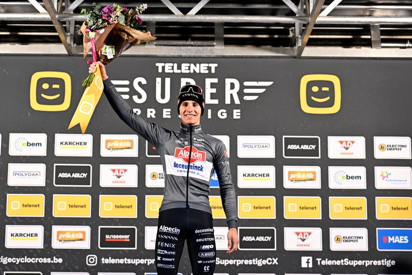 Belgian Niels Vandeputte celebrates on the podium after the men's race of the Superprestige Merksplas cyclocross event, fourth stage (4/8) of the Superprestige cyclocross cycling competition, Saturday 15 November 2025, in Merksplas. BELGA PHOTO JASPER JACOBS
