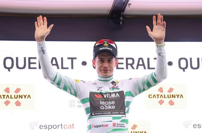 Team Visma-Lease a bike's Danish rider Jonas Vingegaard celebrates on the podium after winning the sixth stage of the 2026 'Volta a Catalunya' cycling tour of Catalonia, a 158 km race between Berga and the Sanctuary of La Mare de Deu de Queralt in Berga, on March 28, 2026. Josep LAGO / AFP