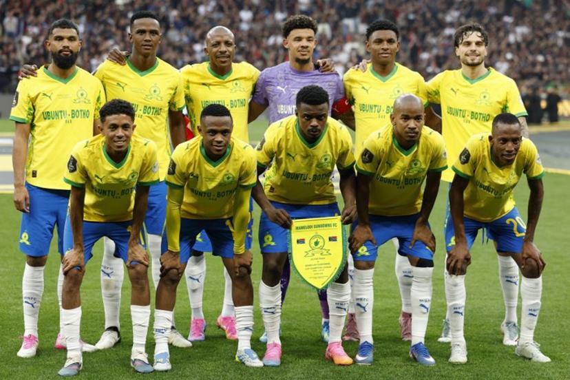 Mamelodi Sundowns' players pose for a group photo before the start of the CAF Champions League final football match between Mamelodi Sundowns and AS FAR at the Prince Moulay Abdellah Stadium in Rabat on May 24, 2026. Abdel Majid BZIOUAT / AFP