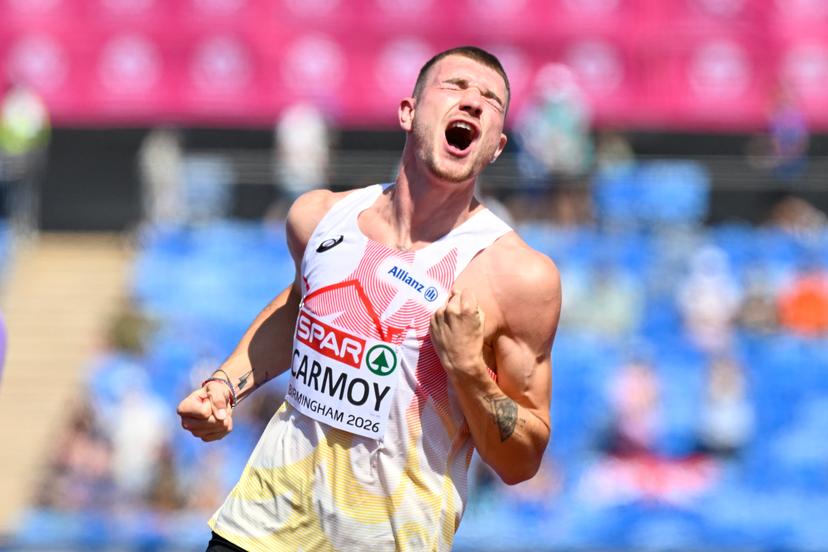 Belgian athlete Thomas Carmoy celebrates after 2m23 as he qualified for the final during the Men High Jump qualification, on the second day of the European Athletics Championships (August 10-18) in Birmingham, United Kingdom, on Tuesday 11 August 2026. BELGA PHOTO ERIC LALMAND