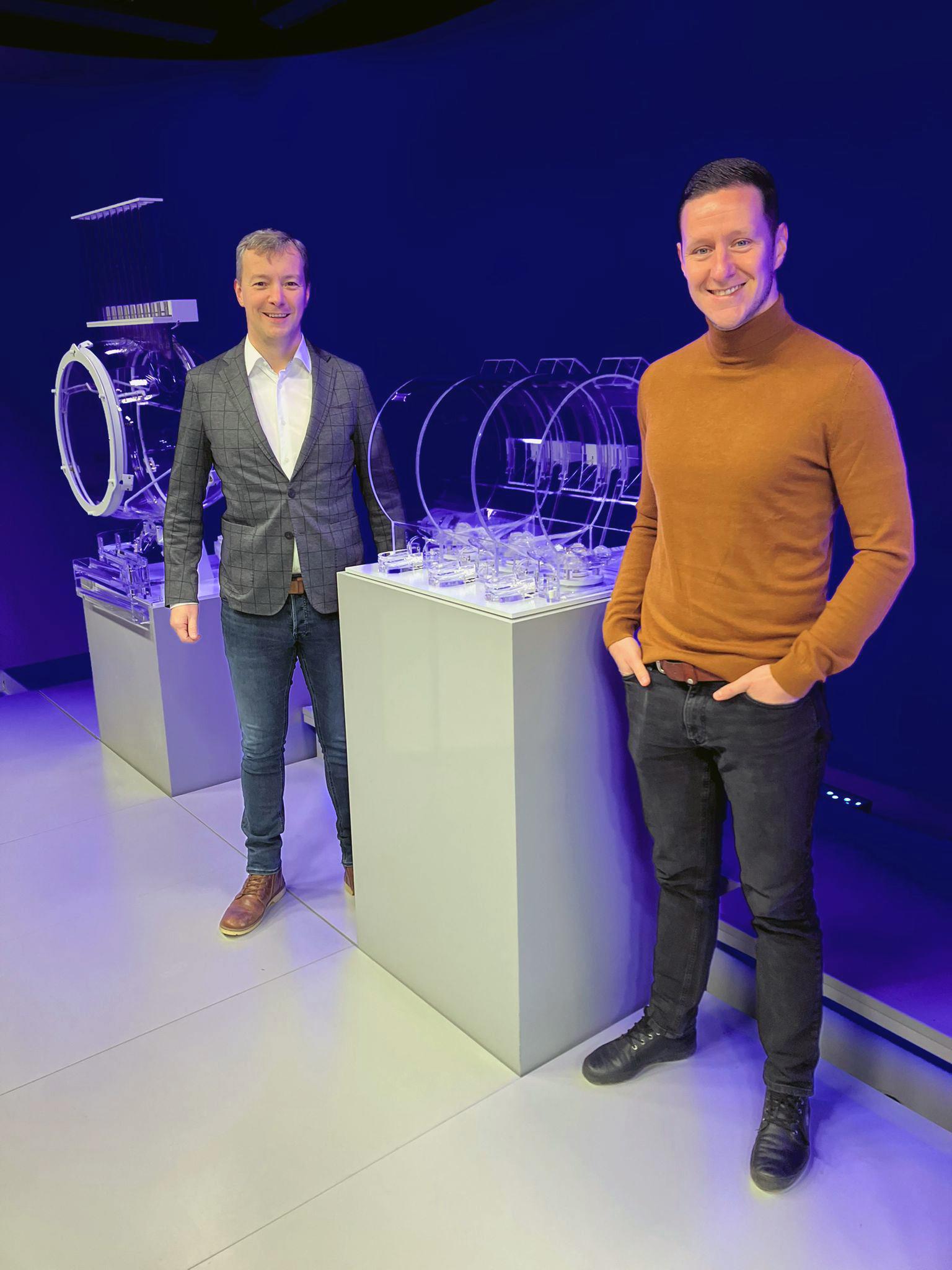 ATTENTION EDITORS - HAND OUT PICTURES - EDITORIAL USE WITH STORY ON HANDBALL ONLY - MANDATORY CREDIT 'KBHB-URBH' Hand out picture shows Dries Boulet, General Secretary of VHV & URBH, and Benoit Neuville, General Secretary of LFH during the Lotto Cup Quarter-Final & Semi-Final Draw at the National Lottery Headquarters in Brussels on Friday 21 November 2025. HAND OUT KBHB-URBH