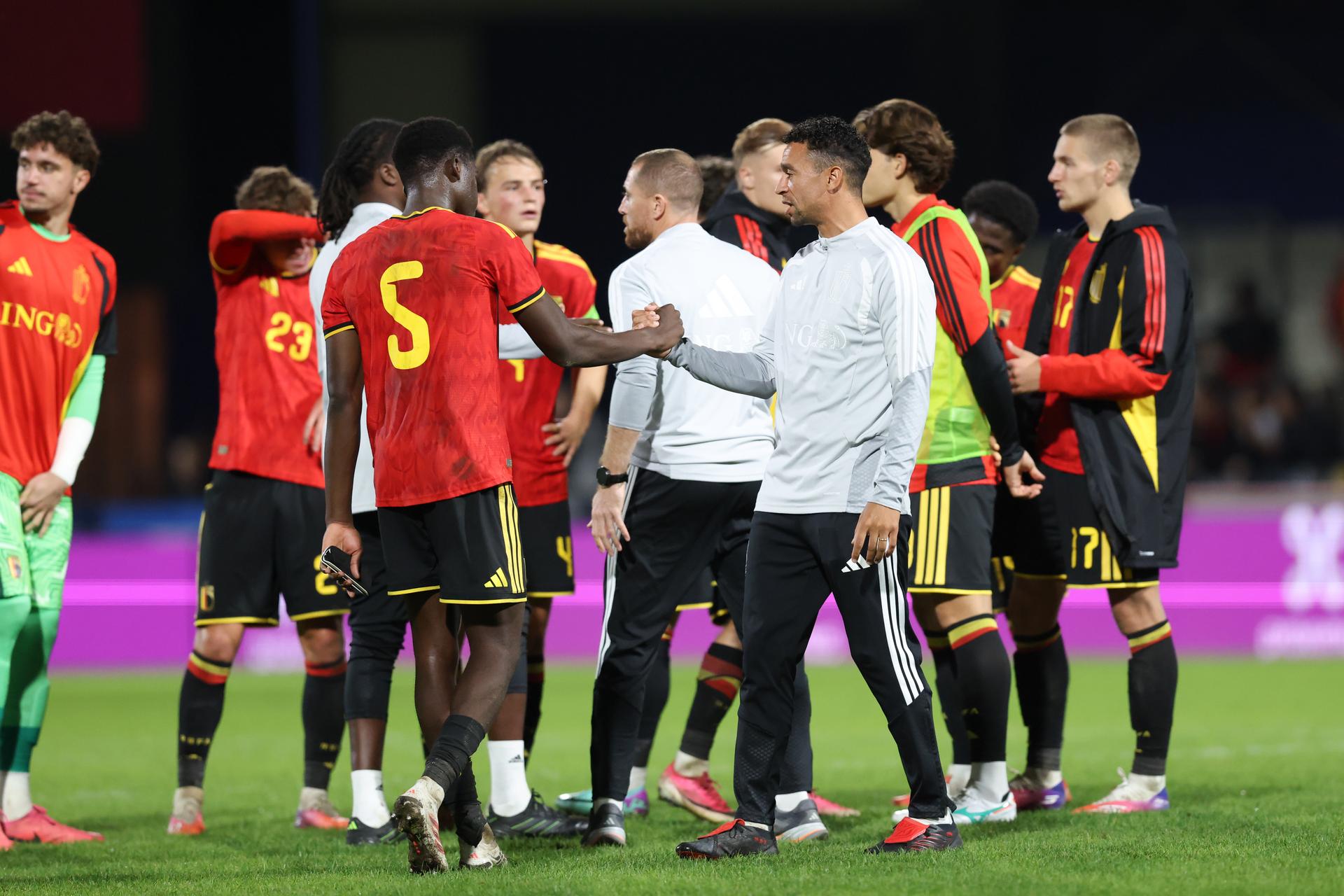 Belgium's players celebrate after a soccer game between Belgium U21 and Wales U21, Tuesday 29 September 2026 in Westerlo, qualifier 7/8 for the 2027 European Championships. BELGA PHOTO BRUNO FAHY