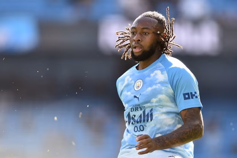 Manchester City's Ghanaian midfielder #42 Antoine Semenyo warms up ahead of the English Premier League football match between Manchester City and Sunderland at the Etihad Stadium in Manchester, north west England, on September 20, 2026. PETER POWELL / AFP