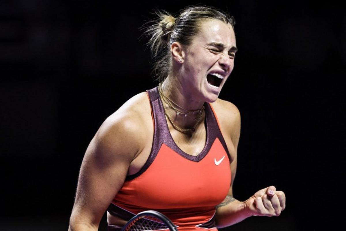 Belarus' Aryna Sabalenka reacts during during her tennis match against USA's Jessica Pegula at the WTA Finals in Riyadh on November 4, 2025. Fayez NURELDINE / AFP
