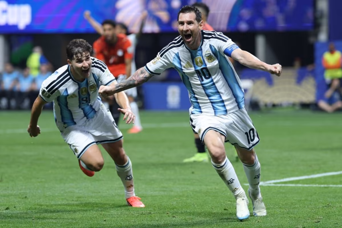 Argentina's forward #10 Lionel Messi celebrates scoring his team's second goal during the 2026 World Cup round of 16 football match between Argentina and Egypt at Atlanta Stadium in Atlanta on July 7, 2026. Thomas COEX / AFP