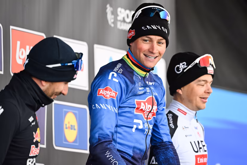 Dutch Mathieu van der Poel of Alpecin-Premier Tech celebrates on the podium after winning the 81st edition of the men's one-day cycling race Omloop Het Nieuwsblad (UCI World Tour), the opening race of the Flemish one-day classics season, 207,6 km from Gent to Ninove, Saturday 28 February 2026. BELGA PHOTO MAARTEN STRAETEMANS