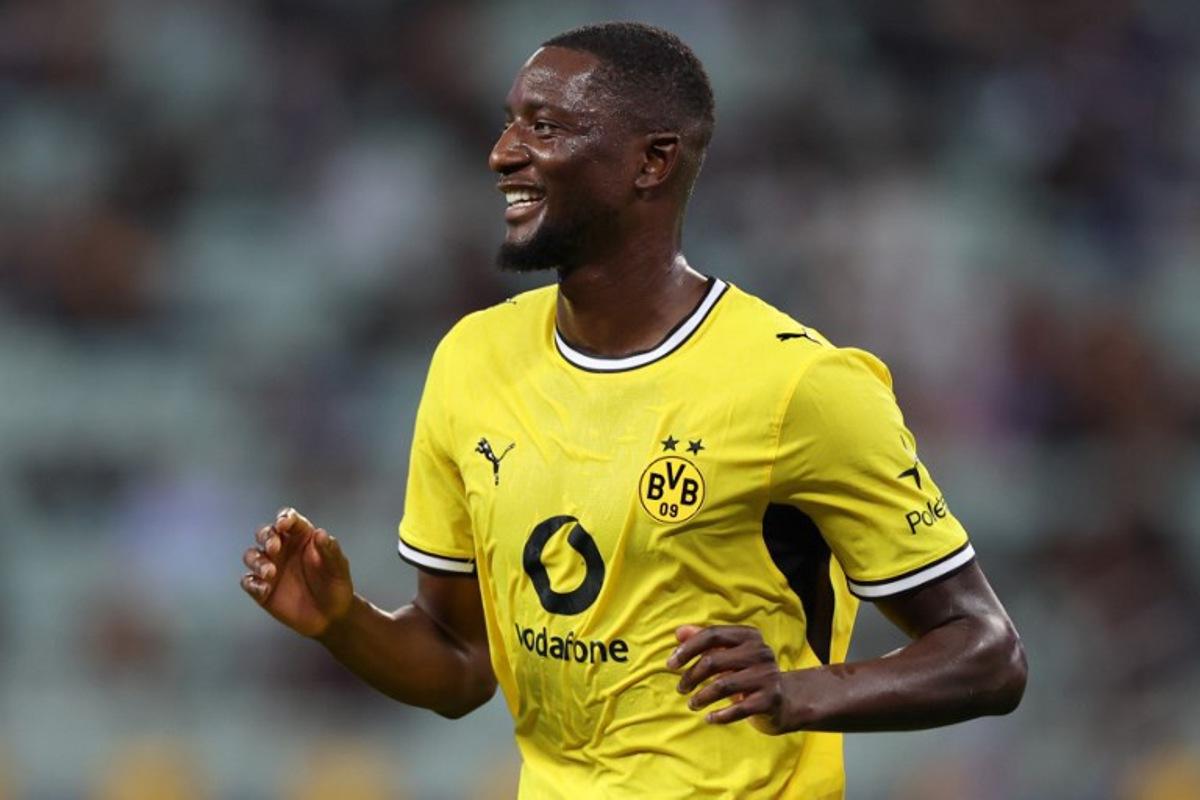 Dortmund's Guinean forward #09 Serhou Guirassy reacts during the UEFA Champions League football match between Sabah and Borussia Dortmund at the Baku Olympic Stadium in Baku on October 20, 2026. Giorgi ARJEVANIDZE / AFP
