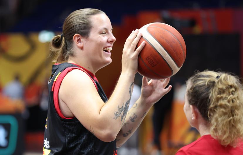 Belgium's Billie Massey pictured before a training session of Belgian Cats in Berlin Arena on Wednesday 2 September 2026. Women's basketball worldcup takes place in Germany from 4 to 23 September 2026. BELGA PHOTO VIRGINIE LEFOUR