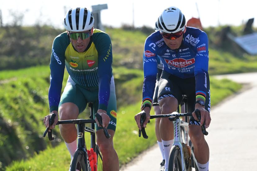Belgian Greg Van Avermaet and Dutch Mathieu van der Poel of Alpecin-Premier Tech pictured during a track reconnaissance session ahead of this weekend's one-day cycling race Omloop Het Nieuwsblad, the opening race of the Flemish classic one day races season, Thursday 26 February 2026. BELGA PHOTO DAVID PINTENS