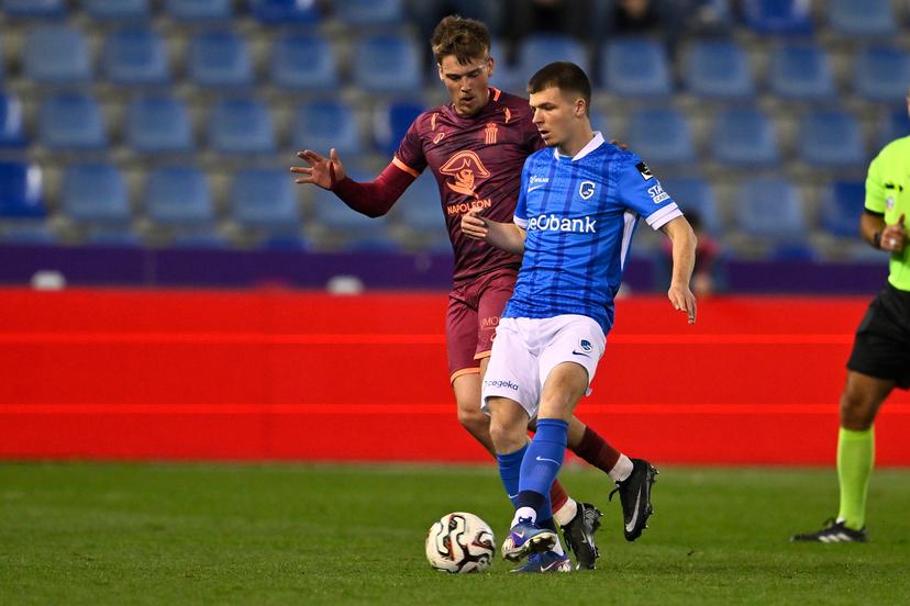Charleroi's Jakob Romsaas and Genk's Jarne Steuckers pictured during a soccer match between KRC Genk and Sporting Charleroi, Tuesday 21 April 2026 in Heverlee, on the fourth day of the Europe Play-offs (PO 2) of the 2025-2026 'Jupiler Pro League' first division of the Belgian championship. BELGA PHOTO JOHAN EYCKENS