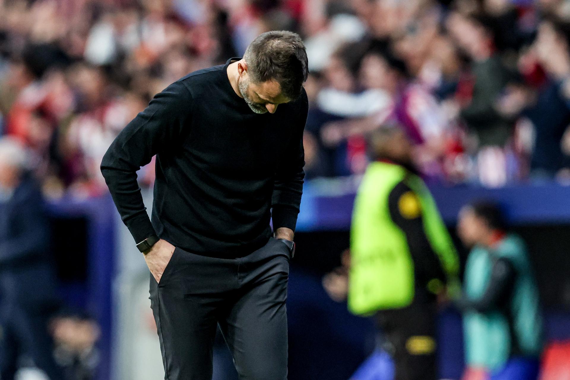 Club's head coach Ivan Leko looks dejected during a soccer game between Spanish team Atletico Madrid and Belgian Club Brugge, in Madrid, on Tuesday 24 February 2026, the return leg game in the Knockout phase play-offs of the UEFA Champions League tournament. BELGA PHOTO BRUNO FAHY