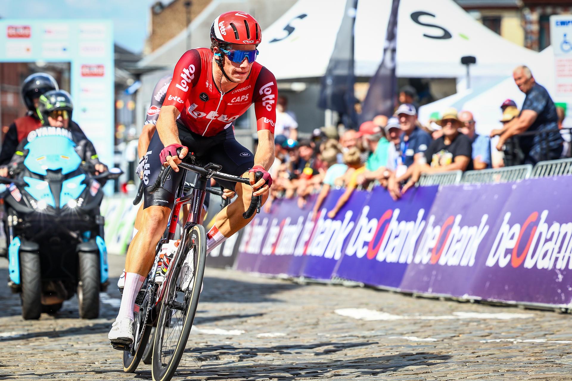 Belgian Alec Segaert of Lotto Cycling Team pictured in action during the men's elite road race of the Belgian Cycling Championships, 230km from and to the Grand Place square in Binche on Sunday 29 June 2025. BELGA PHOTO DAVID PINTENS