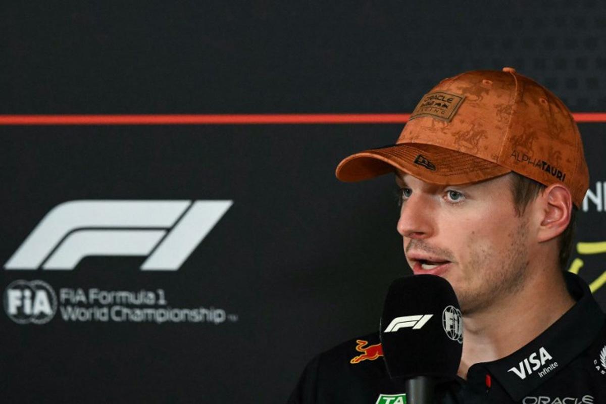 Red Bull Racing's Dutch driver Max Verstappen speaks to the media after winning the pole position during the qualifying session for the United States Formula One Grand Prix at the Circuit of the Americas in Austin, Texas, on October 18, 2025. RONALDO SCHEMIDT / AFP