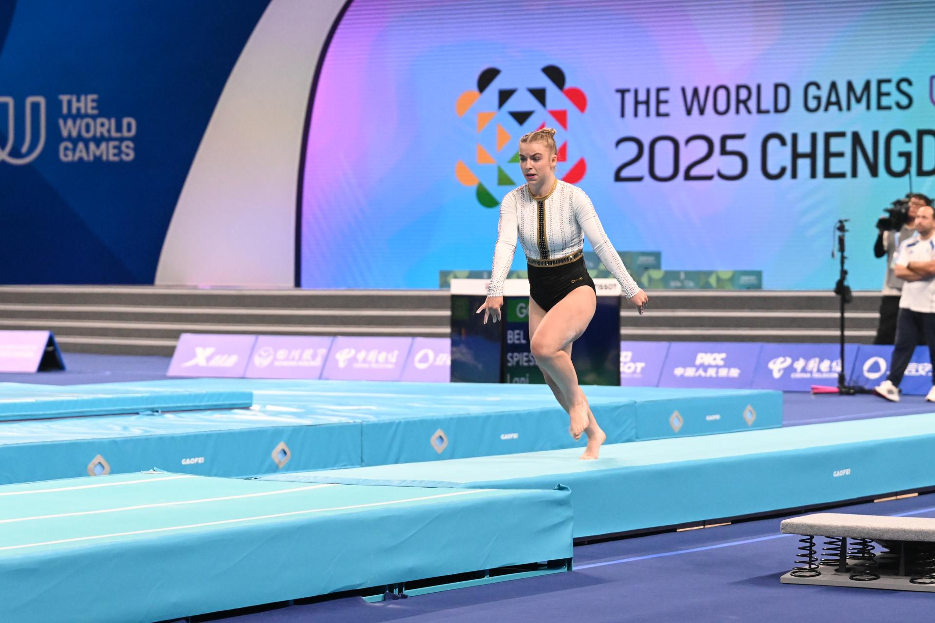 ATTENTION EDITORS - HANDOUT PICTURE - EDITORIAL USE ONLY - MANDATORY CREDIT BOIC - COIB - Lani Spiessens tumbling during the World Games 2025, in Chenghdu, China, on Saturday 9 August 2025. This year, the World Games take place from 07 to 17 augustus. PHOTO HANDOUT BOIC - COIB