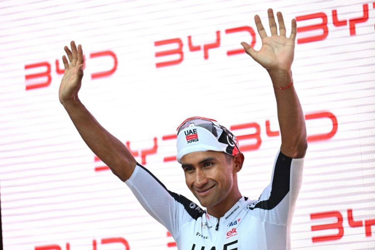 UAE Team Emirates-XRG's Ecuadorian rider Jhonatan Narvaez celebrates on the podium after winning the third stage, 157,4 km from Bad Ragaz to Bad Ragaz, of the Men's Tour of Switzerland (Tour de Suisse) cycling race in Bad Ragaz on June 19, 2026. HAROLD CUNNINGHAM / AFP