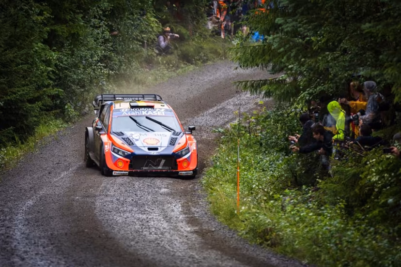 Belgian driver Thierry Neuville and co-driver Martijn Wydaeghe compete in their Hyundai i20 N Rally 1 car during the Parkkola 2 special stage of the WRC Rally Finland in Jyvaskyla, Finland on August 2, 2025. Valtteri Vainio / Lehtikuva / AFP