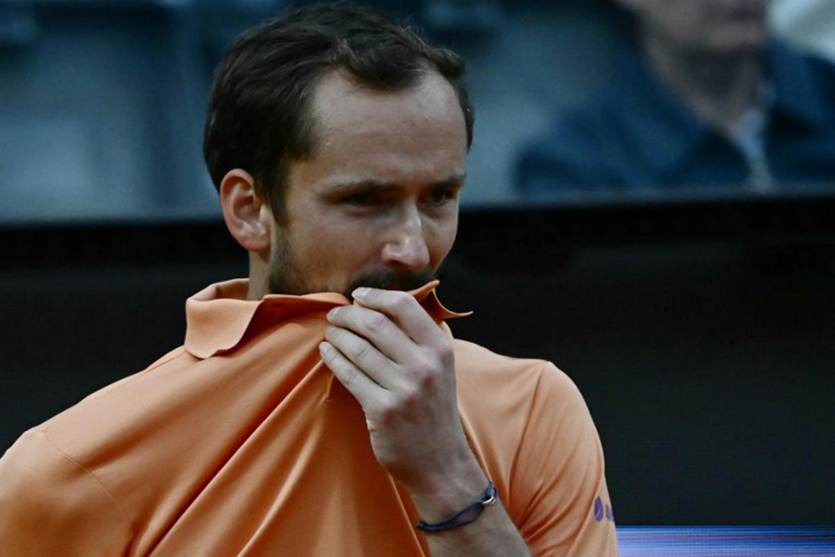 Russia's Daniil Medvedev reacts during his match against Spain's Martin Landaluce during the ATP Rome Open tennis tournament at Foro Italico in Rome on May 14, 2026. Filippo MONTEFORTE / AFP
