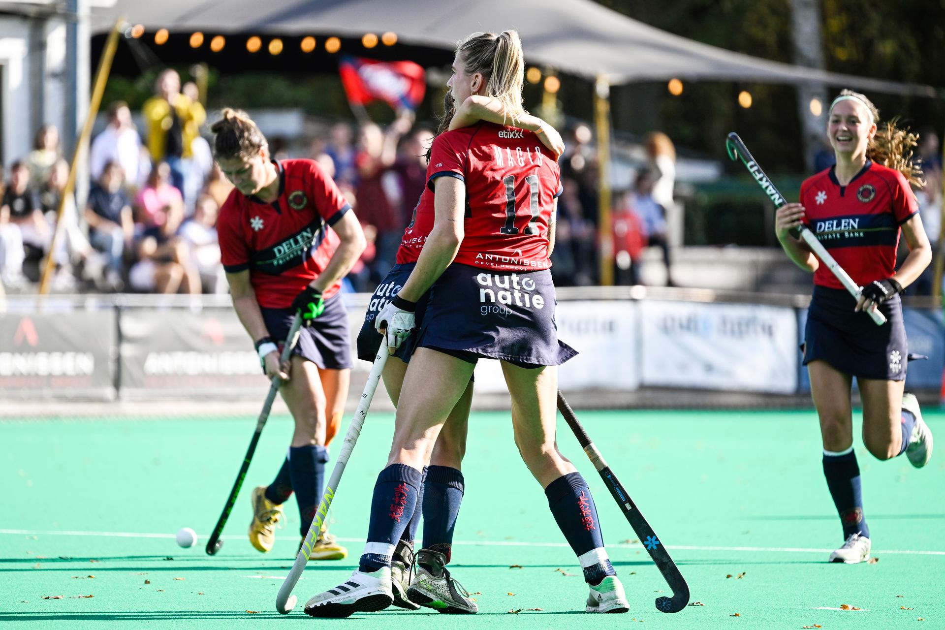 Dragons' Valerie Magis pictured scoring the 2-2 goal during a hockey game between KHC Dragons and Gantoise, Saturday 29 October 2022 in Brasschaat, on day 10 of the Belgian Women Hockey League season 2022-2023. BELGA PHOTO TOM GOYVAERTS