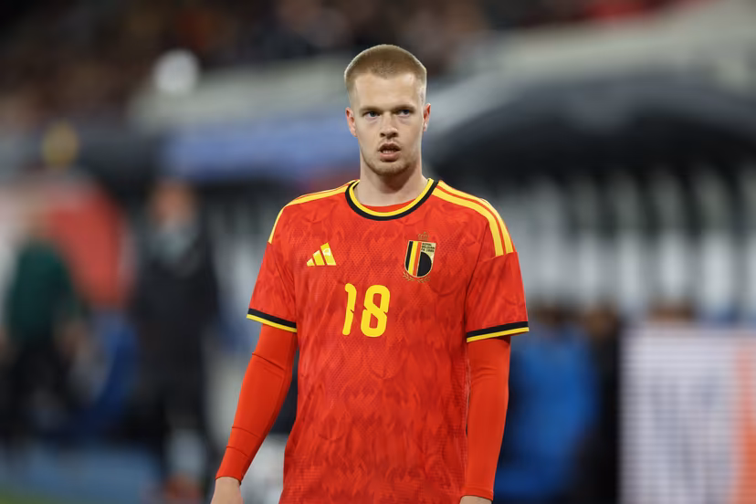 Belgian Arthur Vermeeren pictured during a game of the Belgian national soccer team Red Devils U21 against Austria, on the day 8 of the qualifications in the group I for the 2027 Euro, in Leuven, Friday 27 March 2026. BELGA PHOTO BRUNO FAHY