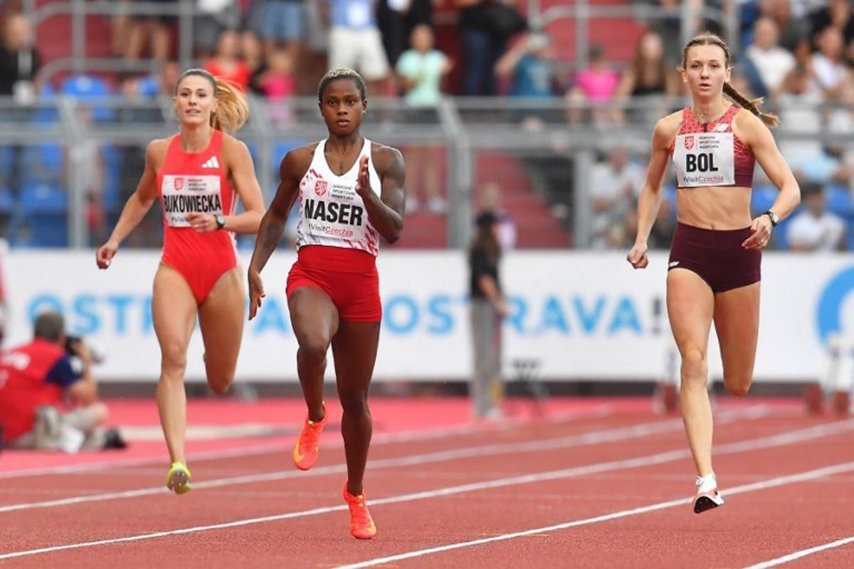 Bahrain's Salwa Eid Naser (C) and Netherland's Femke Bol (R) compete during the Women's 400m event at the 64th Golden Spike athletics meeting in Ostrava, Czech Republic on June 24, 2025. Michal Cizek / AFP
