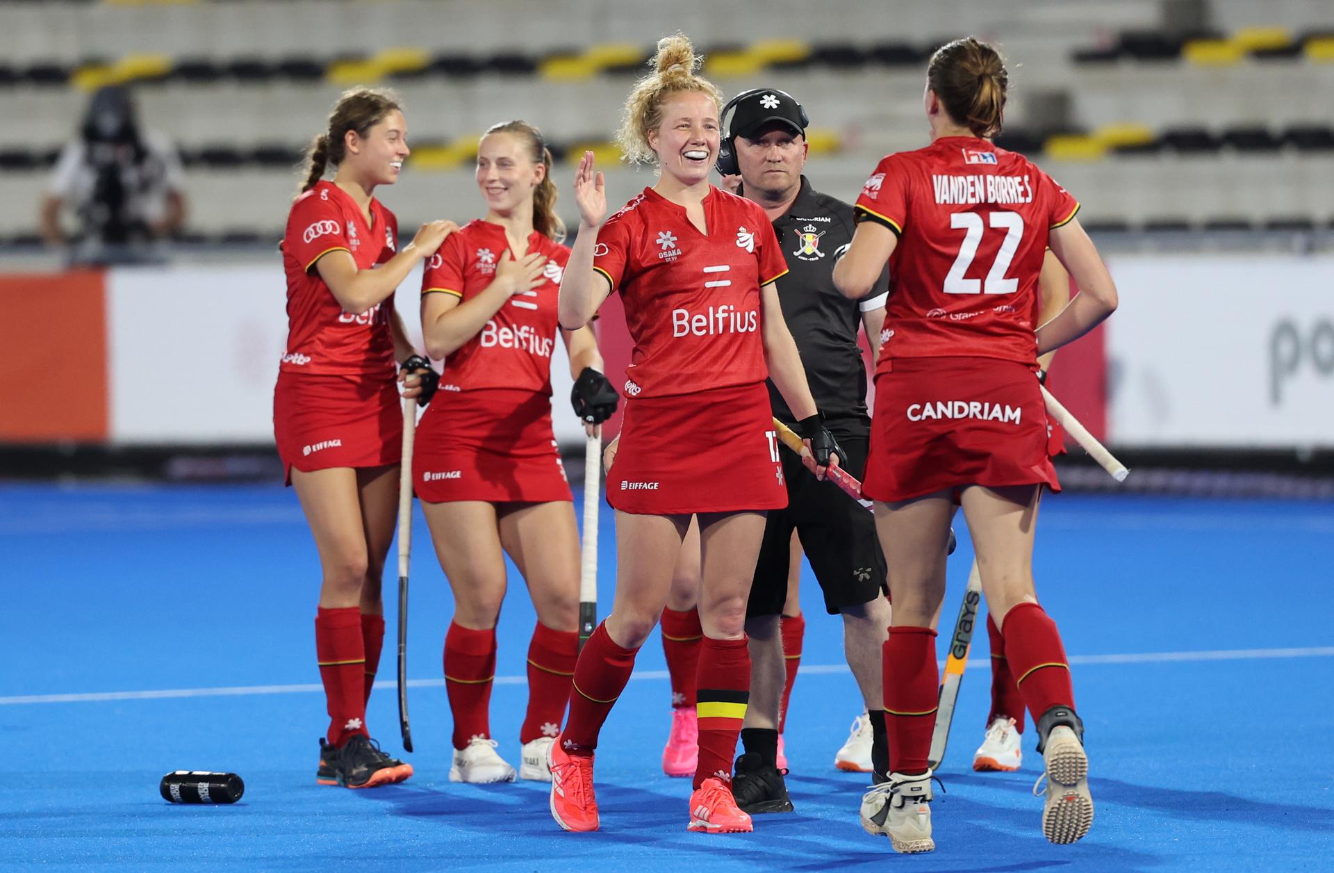 Belgium's Michelle Struijk and Belgium's Stephanie Vanden Borre celebrate during a hockey game between Belgian national team Red Panthers and Australia, Tuesday 23 June 2026 in Wavre, match 13/16 in the group stage of the women's FIH Pro League competition. BELGA PHOTO VIRGINIE LEFOUR