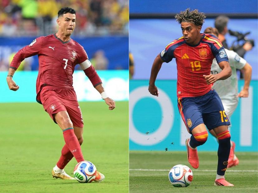 (COMBO) This combination of pictures created on July 04, 2026 shows Portugal's forward #07 Cristiano Ronaldo (L) in Miami Gardens on June 27, 2026 and Spain's forward #19 Lamine Yamal at the Los Angeles Stadium in Inglewood on July 2, 2026 during the 2026 World Cup football tournament. Portugal will face Spain in the 2026 World Cup round of 16 match at Dallas Stadium in Dallas on July 6,2026. ROBERTO SCHMIDT, Etienne LAURENT / AFP
