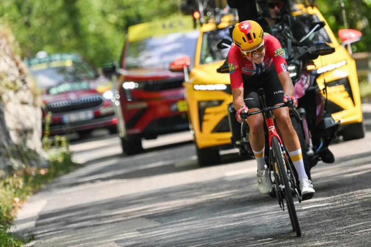 Uno-X Mobility's Norwegian rider Sigrid Ytterhus Haugset leads during the 3rd (out of 9) stage of the fifth edition of the Women's Tour de France cycling race, 156.5 km from Geneva to Poligny, in Poligny, central-eastern France on August 3, 2026. NICOLAS TUCAT / AFP