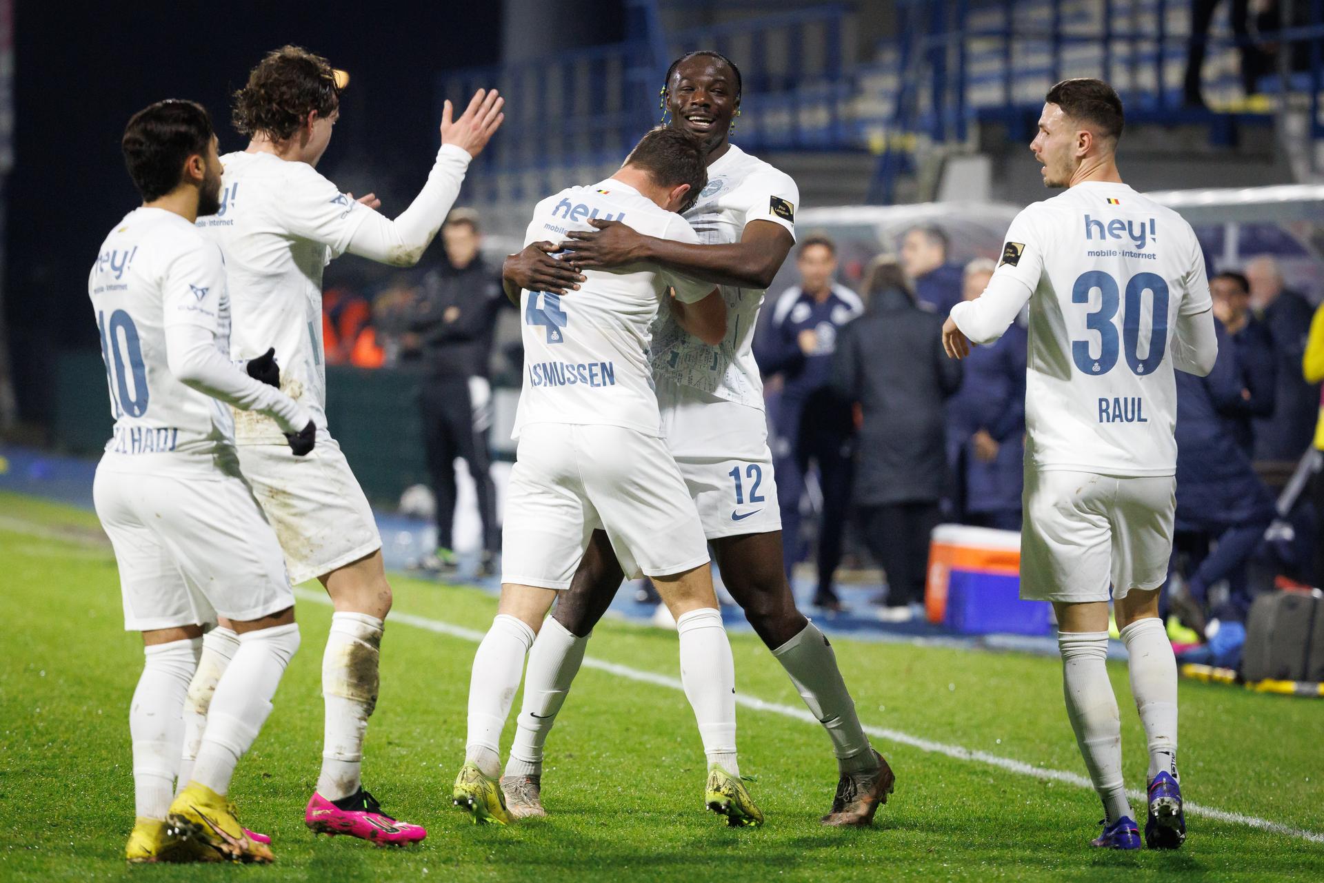 Union's Promise David celebrates after scoring during a soccer game between FCV Dender EH vs Royale Union Saint-Gilloise, in the 1/4 final of the Croky Cup Belgian cup, Wednesday 14 January 2026 in Denderleeuw. BELGA PHOTO KURT DESPLENTER