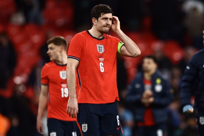 England's defender Harry Maguire reacts on the pitch after the friendly International football match between England and Uruguay at Wembley Stadium, west London, on March 27, 2026. The game finished 1-1. Henry NICHOLLS / AFP
