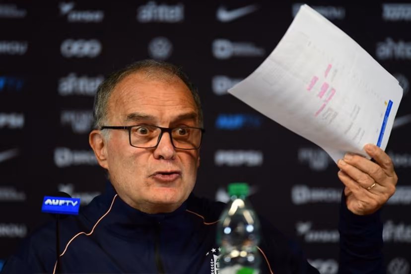 Uruguay's Argentine head coach Marcelo Bielsa gestures during a press conference at the Centenario Stadium in Montevideo on June 30, 2026. Dante FERNANDEZ / AFP