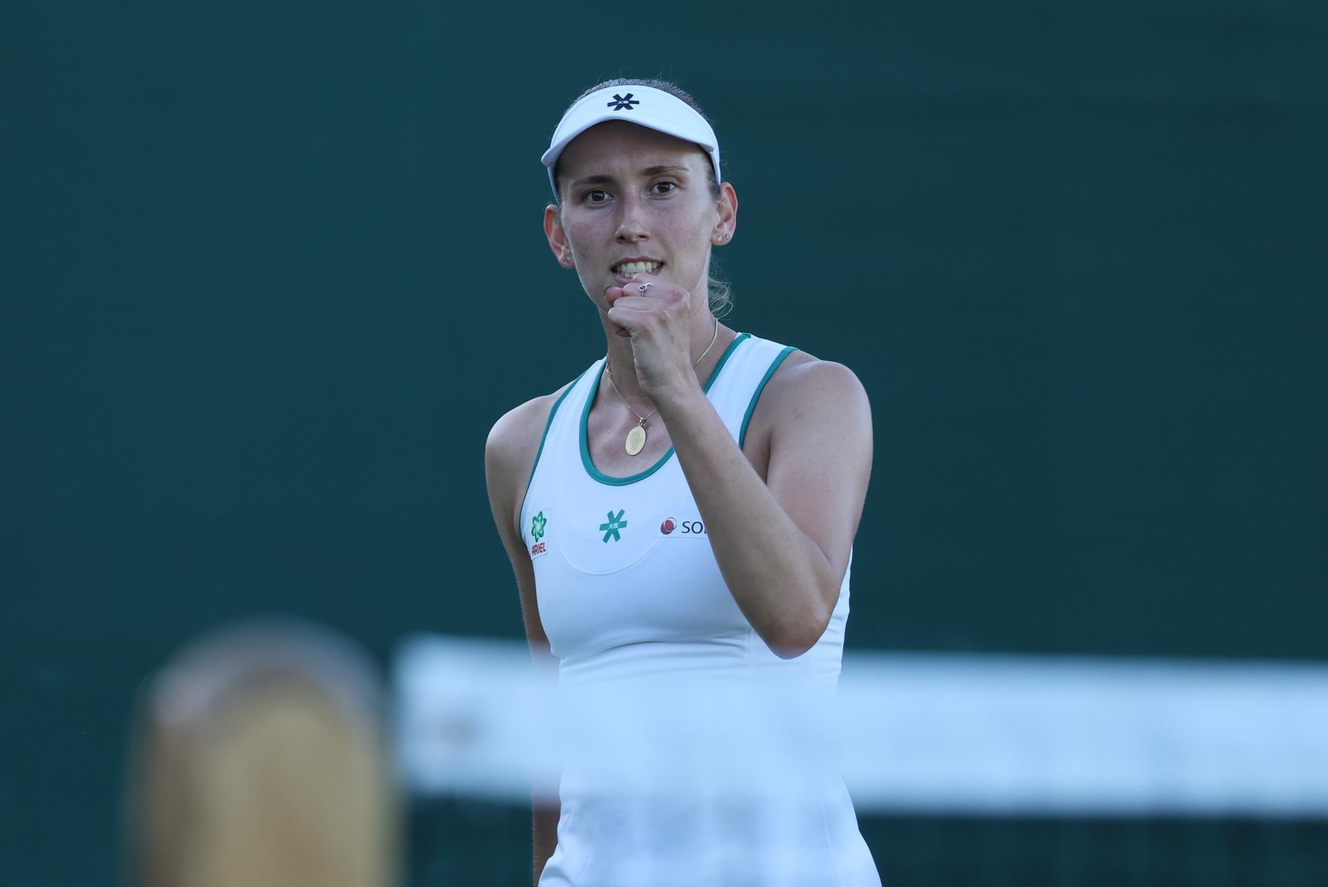 Belgian Elise Mertens reacts during a tennis match against Uzbek Timofeeva, in the second round of the ladies' singles at the Wimbledon grand slam tennis tournament in London, Britain, Thursday 02 July 2026. BELGA PHOTO BENOIT DOPPAGNE