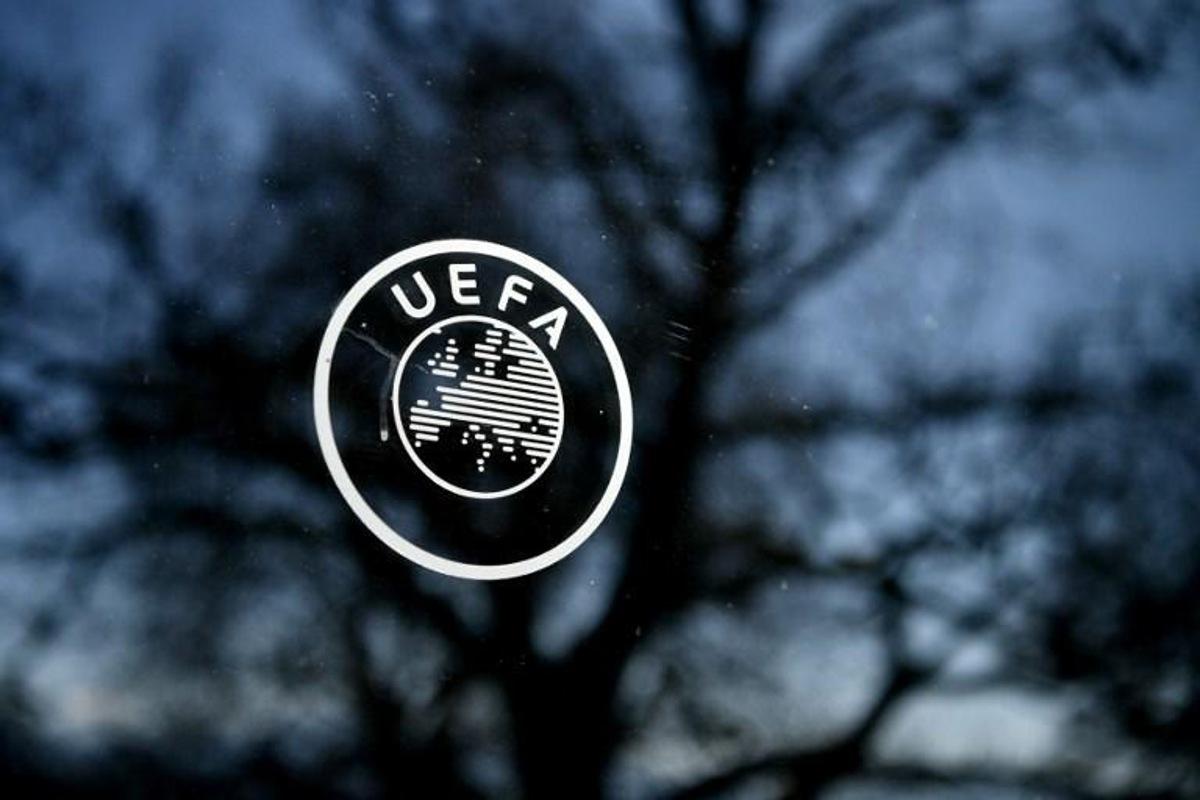 This picture shows the UEFA logo at the organization's headquarters in Nyon on Febraury 28, 2020. Fabrice COFFRINI / AFP