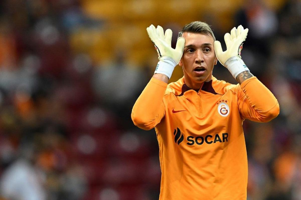 Galatasaray's Uruguayan goalkeeper Fernando Muslera gestures during the UEFA Champions League Group A between Galatasaray and FC Copenhagen at the Rams Park stadium in Istanbul, on September 20, 2023. Yasin AKGUL / AFP