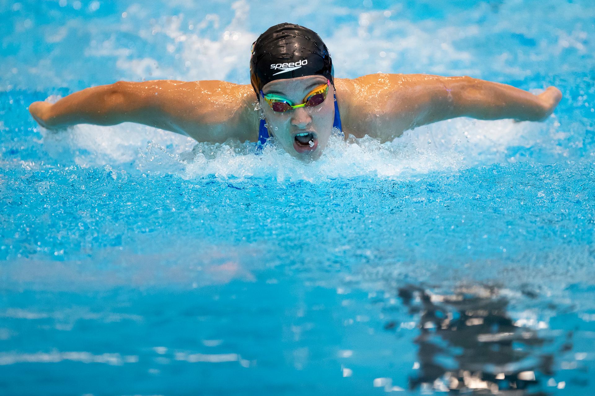 Belgian Sarah Dumont pictured in action during the women's 200m butterfly at the Belgian Swimming Championships, Sunday 21 April 2024 in Antwerp. BELGA PHOTO KRISTOF VAN ACCOM