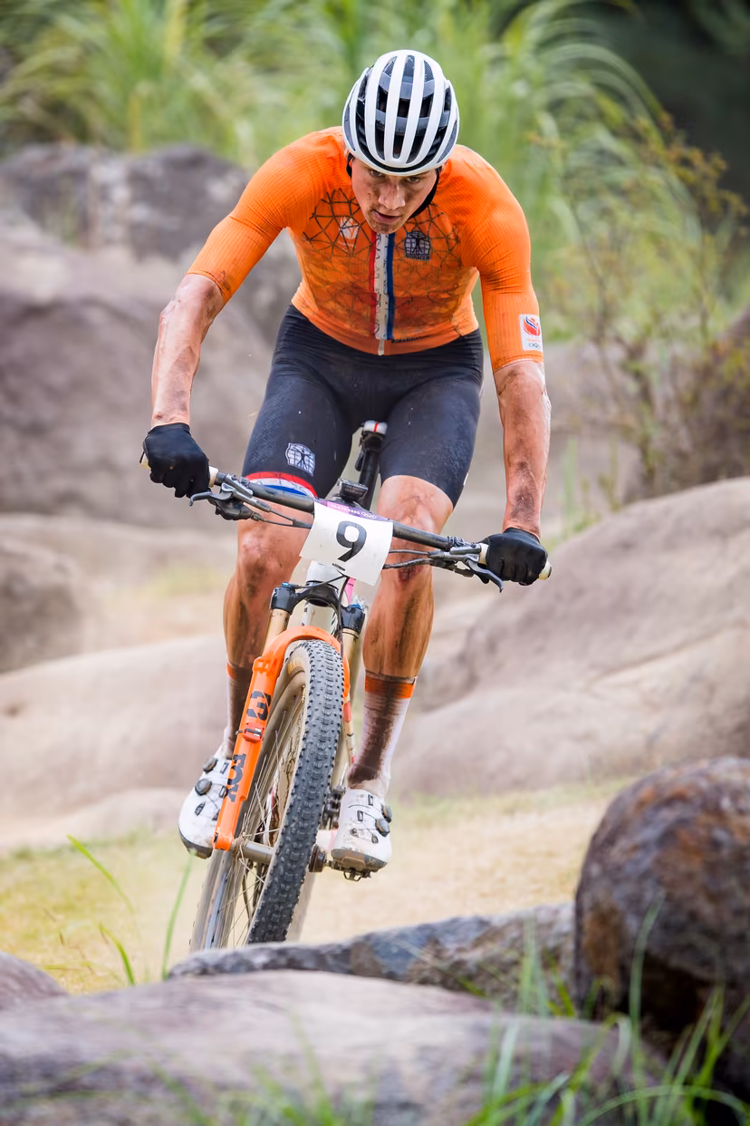 Dutch Mathieu Van der Poel pictured in action during the men final race of the Mountainbike Cross-Country (VTT) event on the Izu track, on the fourth day of the 'Tokyo 2020 Olympic Games' in Tokyo, Japan on Monday 26 July 2021. The postponed 2020 Summer Olympics are taking place from 23 July to 8 August 2021. BELGA PHOTO JASPER JACOBS