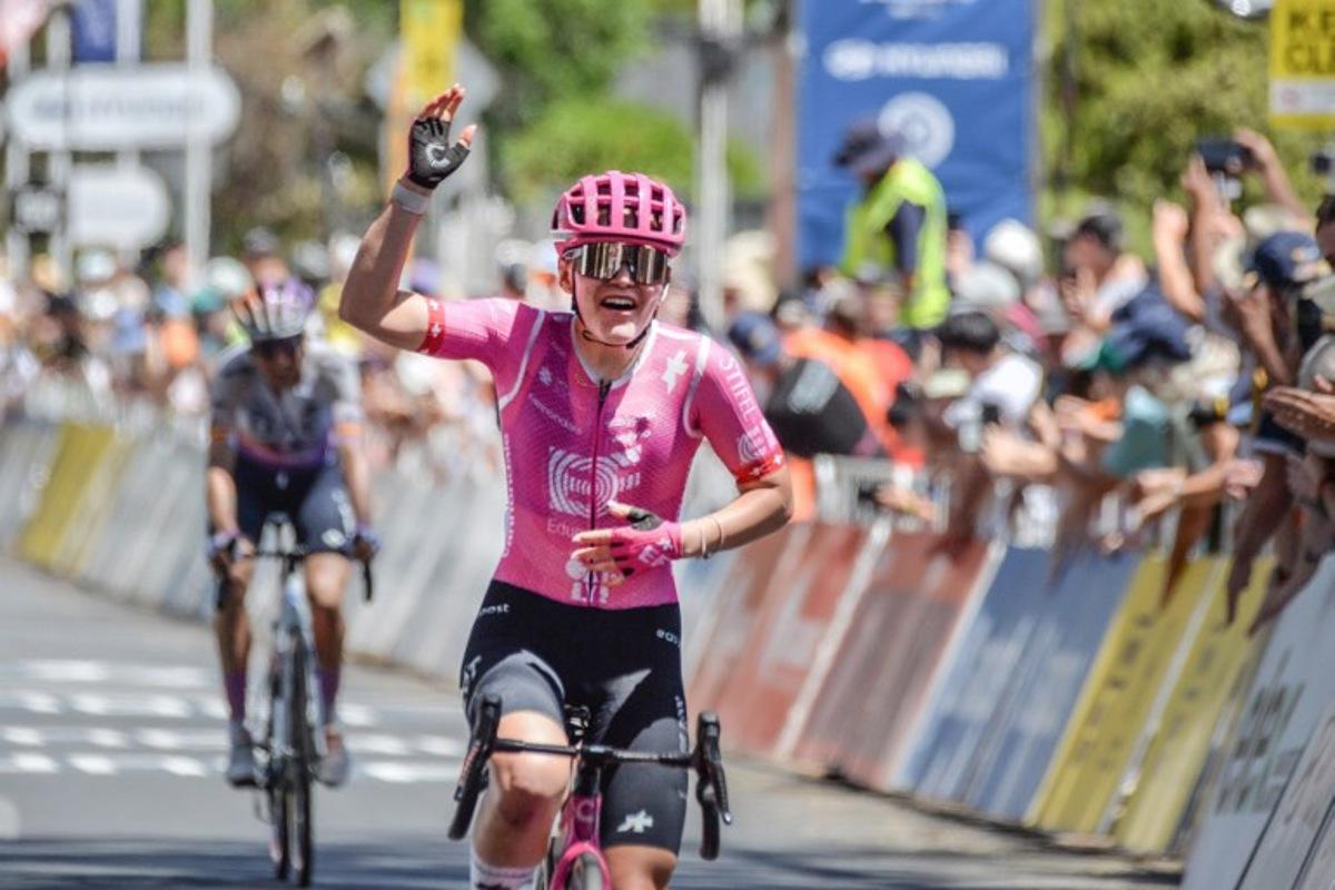 EF Education - Oatly rider Noemi Ruegg of Switzerland celebrates winning the final stage three of the women's 2026 Tour Down Under cycling race in Adelaide on January 19, 2026. Brenton Edwards / AFP