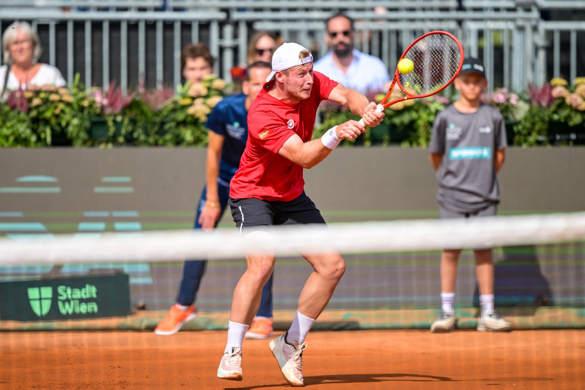 Belgian Gauthier Onclin is pictured in action during a tennis match between Austrian Rodionov and Belgian Onclin, the first rubber in the tie between Austria and Belgium, qualifiers for the Davis Cup tournament, on Friday 18 September 2026 in Vienna, Austria. BELGA PHOTO DAVID PINTENS