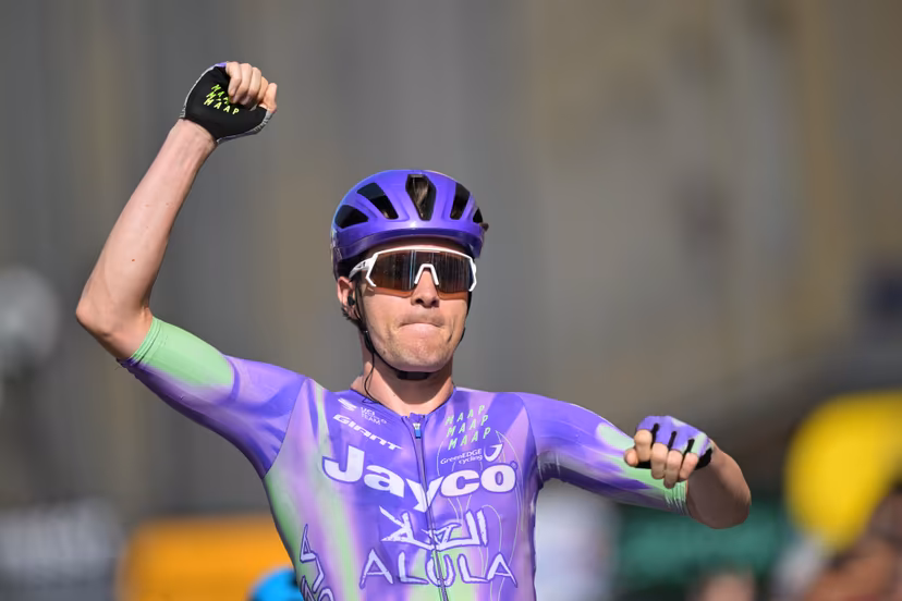 Swiss Mauro Schmid of Team Jayco AlUla celebrates after winning the stage 13 of the 2026 Tour de France cycling race, a stage of 205km from Dole to Belfort, on Friday 17 July 2026. The 113th edition of the Tour de France starts on Saturday 4 July in Barcelona, Spain, and will finish in Paris, France on the 26th of July. BELGA PHOTO DAVID PINTENS