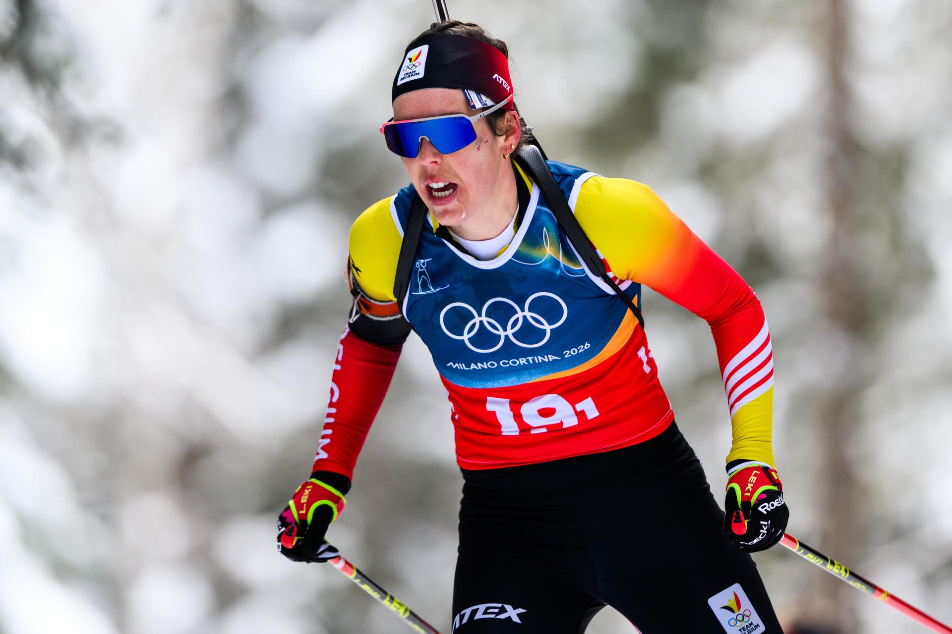 260218 Lotte Lie of Belgium competes in women's biathlon 4 x 6 km relay during day 12 of the 2026 Winter Olympics on February 18, 2026 in Anterselva. Photo: Mathias Bergeld / BILDBYRÅN / kod MB / MB1336 skidskytte biathlon skiskyting olympic games olympics winter olympics os ol olympiska spel vinter-os olympiske leker milano cortina 2026 milan cortina 2026 milano cortina 2026 olympic games milano cortina 2026 winter olympic games milano cortina-os milano cortina-ol vinter-ol 12 bbeng relay stafett BELGA PHOTO BENELUX ONLY