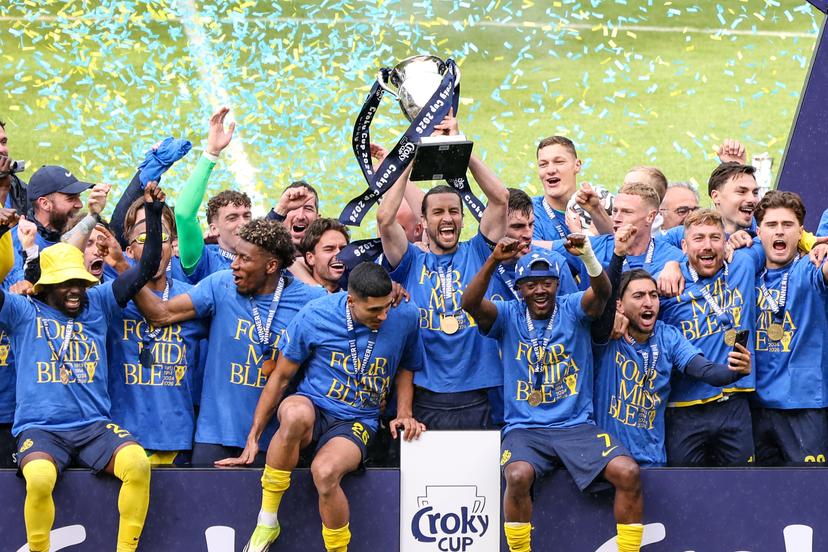 Union's players celebrate after winning a soccer game between Royale Union Saint-Gilloise and RSC Anderlecht, Thursday 14 May 2026 in Brussels, the final of the 'Croky Cup' Belgian soccer cup. BELGA PHOTO BRUNO FAHY