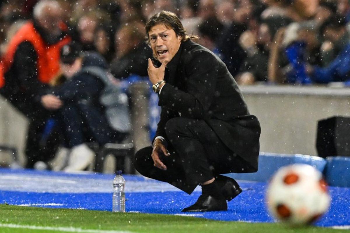 AEK's Argentinian head coach Matias Jesus Almeyda reacts during the UEFA Europa League Group B football match between Brighton and Hove Albion and AEK Athens at the American Express Community Stadium in Brighton, southern England on September 21, 2023. Glyn KIRK / AFP