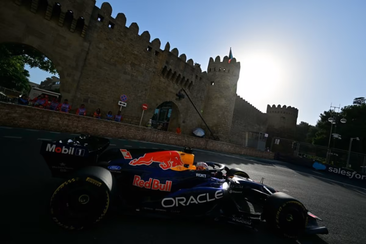 Red Bull Racing's Dutch driver Max Verstappen steers his car during the second practice session ahead of the Formula One Azerbaijan Grand Prix at the Baku City Circuit in Baku on September 24, 2026. Andrej ISAKOVIC / AFP