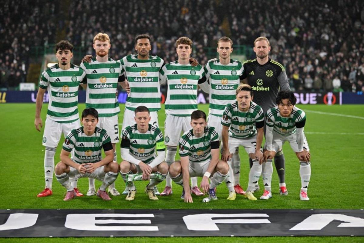 The Celtic starting XI, (L-R top) Celtic's Tunisian striker #23 Sebastian Tounekti, Celtic's Irish defender #05 Liam Scales, Celtic's US defender #06 Auston Trusty, Celtic's Belgian midfielder #27 Arne Engels, Celtic's Swedish midfielder #08 Benjamin Nygren, Celtic's Danish goalkeeper #01 Kasper Schmeichel, (L-R bottom) Celtic's South Korean midfielder #13 Yang Hyun-Jun, Celtic's Scottish midfielder #42 Callum McGregor, Celtic's Scottish defender #63 Kieran Tierney, Celtic's Japanese striker #38 Daizen Maeda and Celtic's Japanese midfielder #41 Reo Hatate pose for the official photograph before kick off of the UEFA Europa League league stage football match between Celtic and Roma at Celtic Park in Glasgow on December 11, 2025. ANDY BUCHANAN / AFP